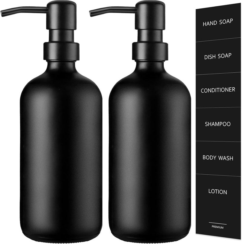 Gmisun Black Soap Dispenser, 2 Pack Matte Black Hand Soap Dispensers Bathroom with Stainless Steel Pump, 17 Fl Oz Glass Dish Soap Dispenser Set for Kitchen, Modern Liquid Soap Bottle with Labels - Image 1